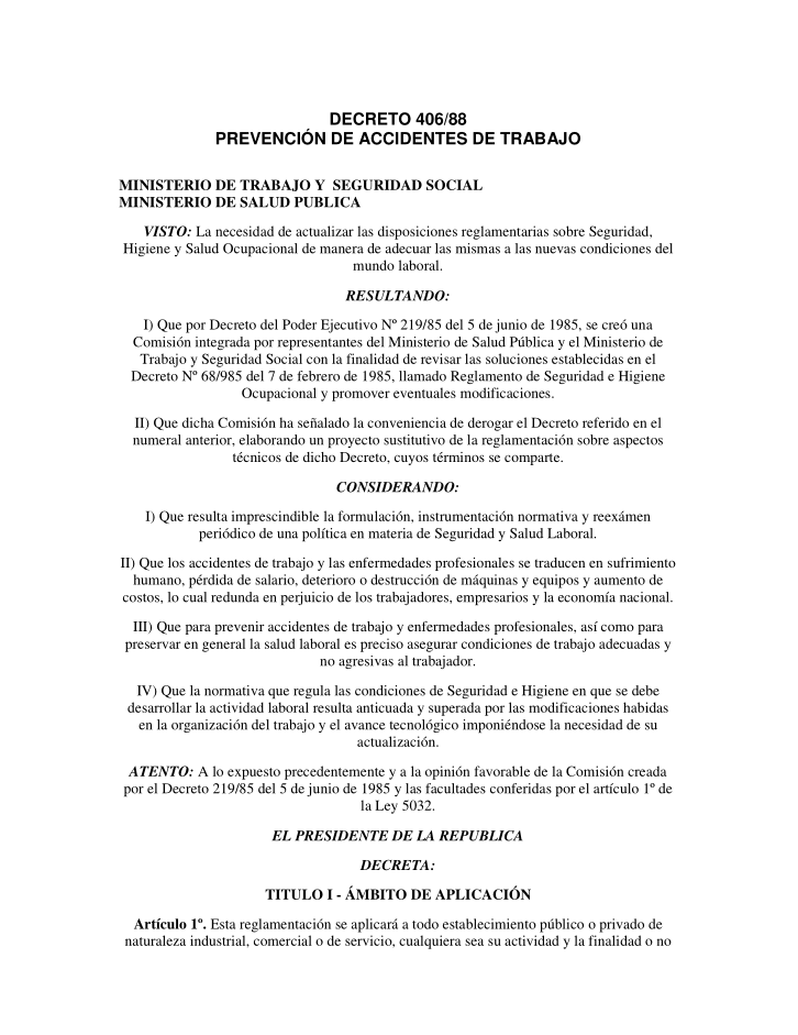 Decreto 406 88 Prevención de accidentes de trabajo